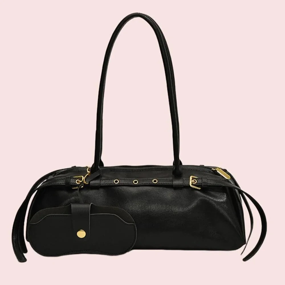 Wome'ns Black PU Leather Tote Bag Casual Bowling Bag Purse Retro Underarm